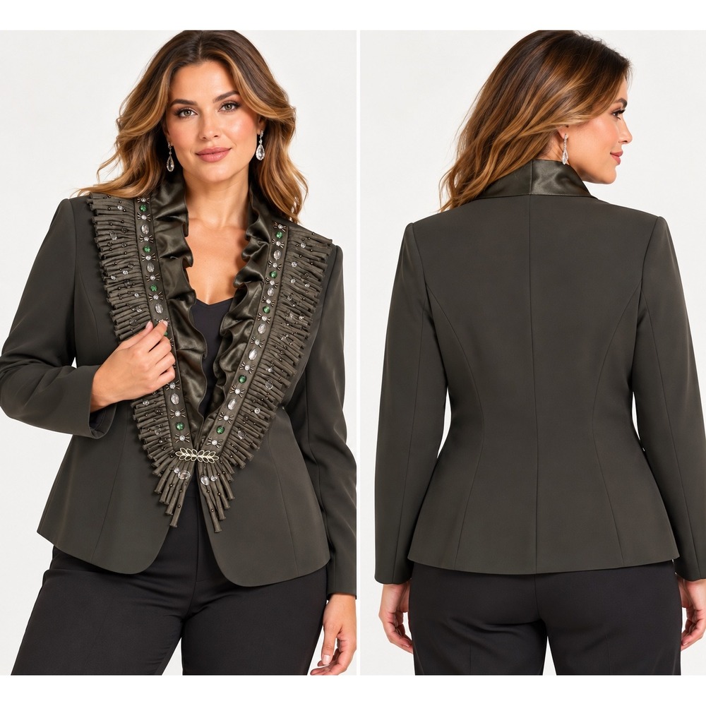 Champagne Womens 18 Olive Green Embellished Ruffle Blazer Jacket Beaded Formal